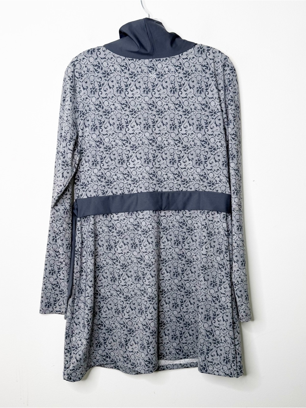ATHLETA | Asphalt Gray Scroll Print Wellington Surplice Faux Wrap Dress Large - Picture 4 of 4